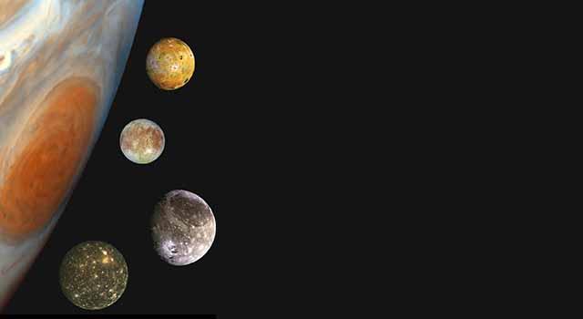 Portrait of Jupiter, Io, Europa, Ganymede and Callisto made with photos from Galileo